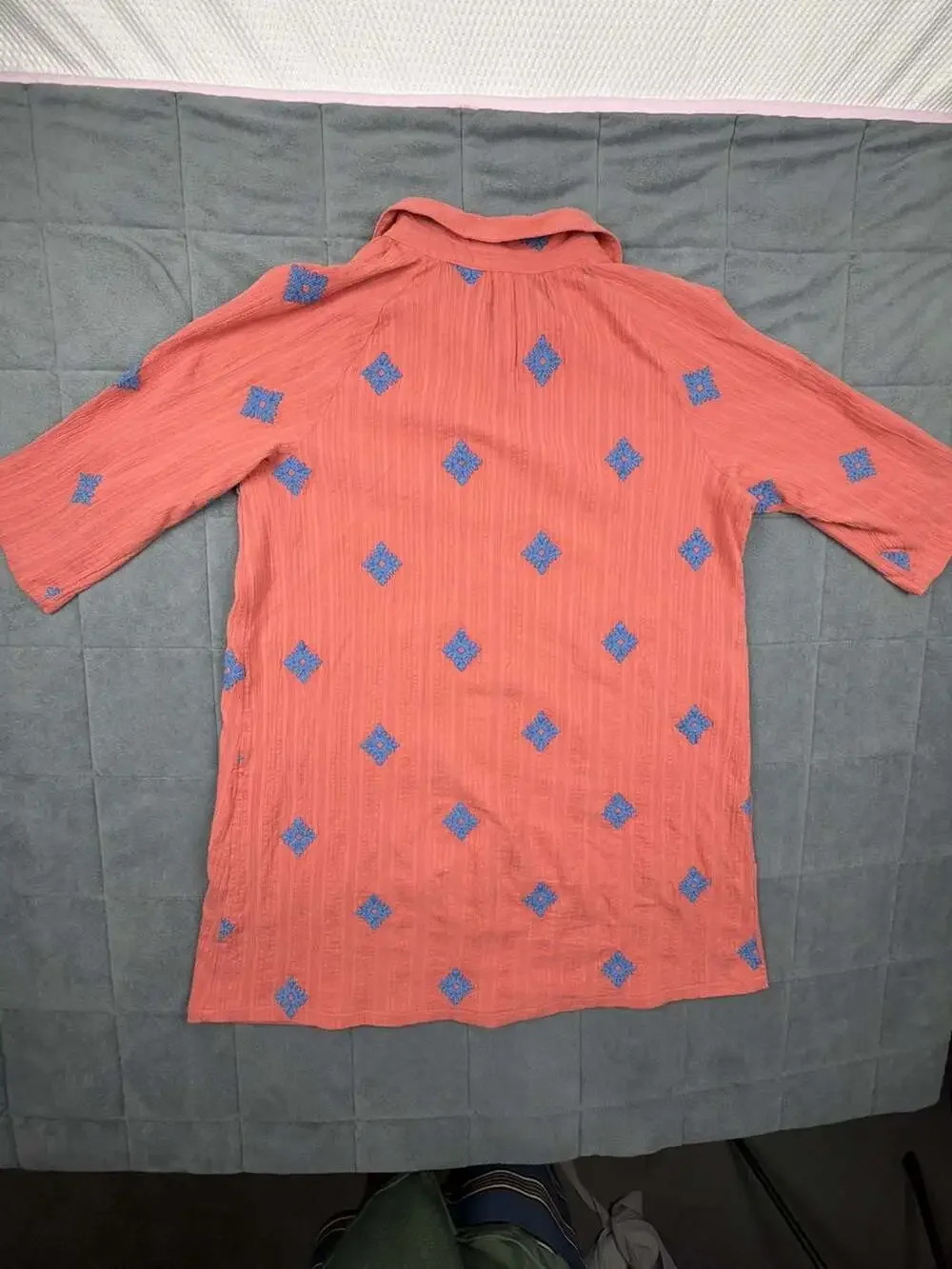 purejill Women's Terracotta Button-Down Shirt with Blue Geometric Embroidery